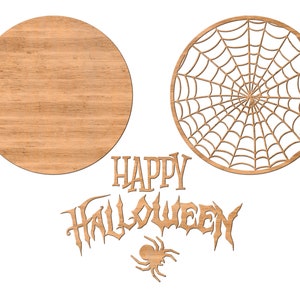 May include: Wooden craft kit for making a Halloween decoration. The kit includes a round wooden plaque, a spider web design, a spider, and the words "Happy Halloween".