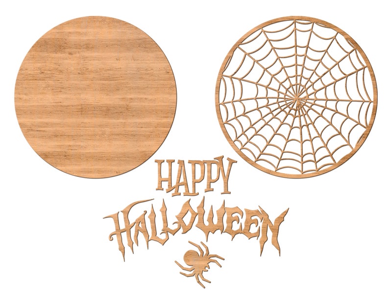 May include: Wooden craft kit for making a Halloween decoration. The kit includes a round wooden plaque, a spider web design, a spider, and the words "Happy Halloween".