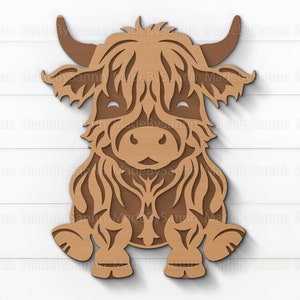 ハイランドカウ Svg、レイヤードハイランドカウ Svg、Glowforge SVG、レーザーカット、Cricut 用ファイル、ロングヘアーカウ Svg、シルエットファイル、レーザーカットカウ