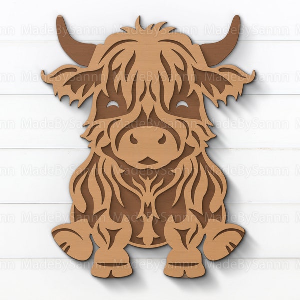 Highland Cow Svg, Layered Highland Cow Svg, Glowforge SVG, Laser Cut, File For Cricut, Long Hair Cow Svg, Silhouette File, Laser Cut Cow