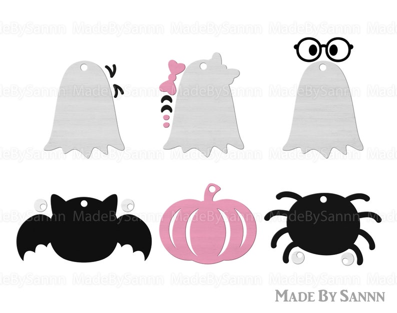 May include: Set of six Halloween-themed printable tags featuring a ghost, bat, pumpkin, spider, and two ghosts with different accessories. The tags are black, white, and pink.