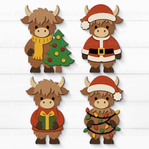 May include: Four wooden Highland cow ornaments. One cow wears a yellow scarf and holds a green Christmas tree. Another is dressed as Santa Claus. The third cow holds a gift, and the last is wrapped in Christmas lights.