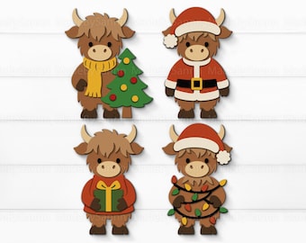 May include: Four wooden Highland cow ornaments. One cow wears a yellow scarf and holds a green Christmas tree. Another is dressed as Santa Claus. The third cow holds a gift, and the last is wrapped in Christmas lights.