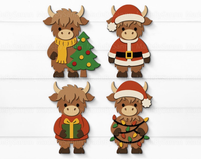 May include: Four wooden Highland cow ornaments. One cow wears a yellow scarf and holds a green Christmas tree. Another is dressed as Santa Claus. The third cow holds a gift, and the last is wrapped in Christmas lights.