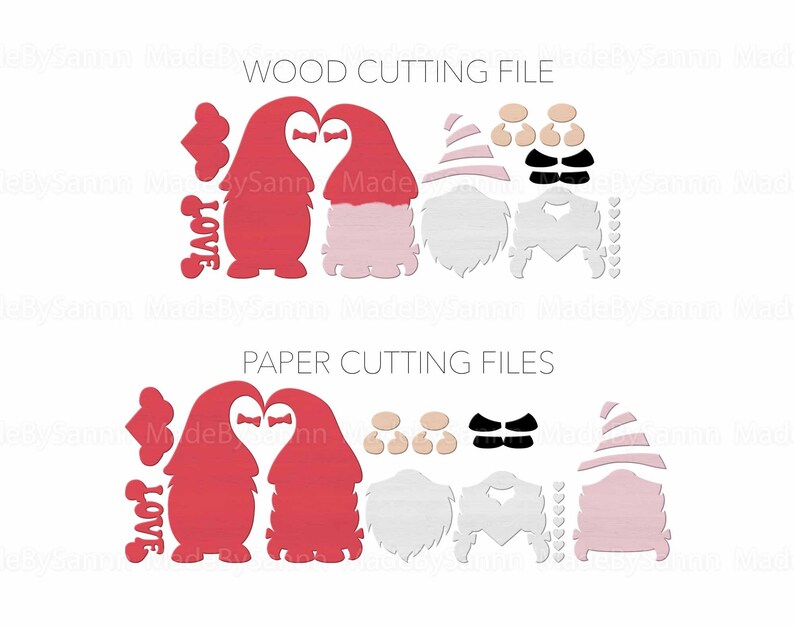 K&ouml;nnte beinhalten: Eine digitale Schneidedatei mit zwei Gnomen, die ein Herz mit dem Wort &bdquo;Liebe&ldquo; darauf halten. Die Gnomen tragen rote M&uuml;tzen und haben wei&szlig;e B&auml;rte. Das Design ist perfekt f&uuml;r die Herstellung von Valentinstagsbastelarbeiten.