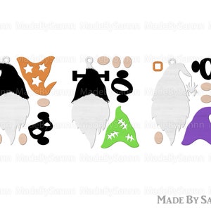 May include: Three sets of Halloween gnome SVG cut files. Each set includes a gnome hat, beard, body, and a Halloween-themed accessory. The accessories include a spider web, a star, and a spider.