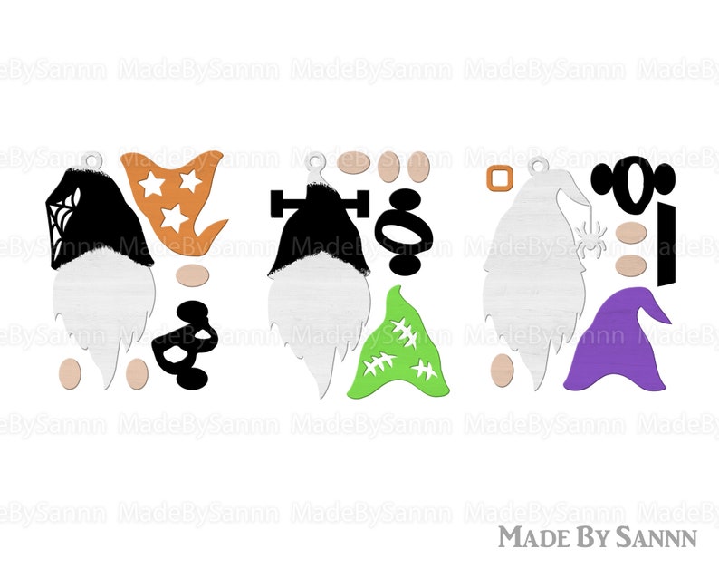May include: Three sets of Halloween gnome SVG cut files. Each set includes a gnome hat, beard, body, and a Halloween-themed accessory. The accessories include a spider web, a star, and a spider.