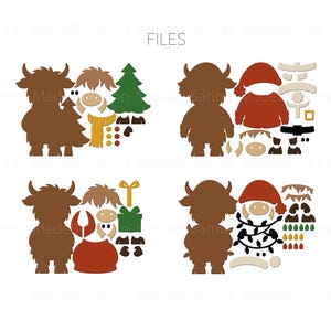 May include: A collection of Highland cow cutouts in various festive designs. The cutouts include a brown cow silhouette, a Christmas tree, a Santa hat, a scarf, and other holiday-themed accessories. The word "FILES" is at the top.