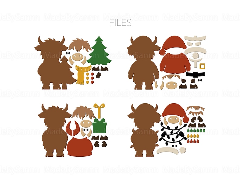 May include: A collection of Highland cow cutouts in various festive designs. The cutouts include a brown cow silhouette, a Christmas tree, a Santa hat, a scarf, and other holiday-themed accessories. The word "FILES" is at the top.