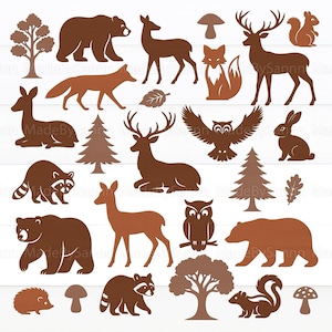 Könnte beinhalten: Eine Sammlung brauner und hellbrauner Silhouetten von Waldtieren, darunter Bären, Hirsche, Füchse, Eulen, Kaninchen, Waschbären, Eichhörnchen und Igel. Enthält auch Bäume, Blätter und Pilze.