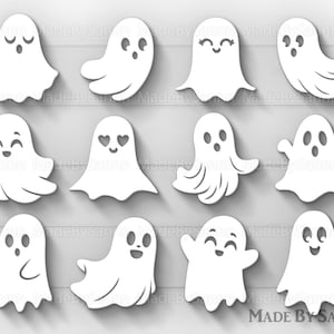 Puede incluir: Un conjunto de 12 ilustraciones de fantasmas blancos con diferentes expresiones faciales. Los fantasmas est&aacute;n todos en un estilo de dibujos animados y tienen un dise&ntilde;o simple.
