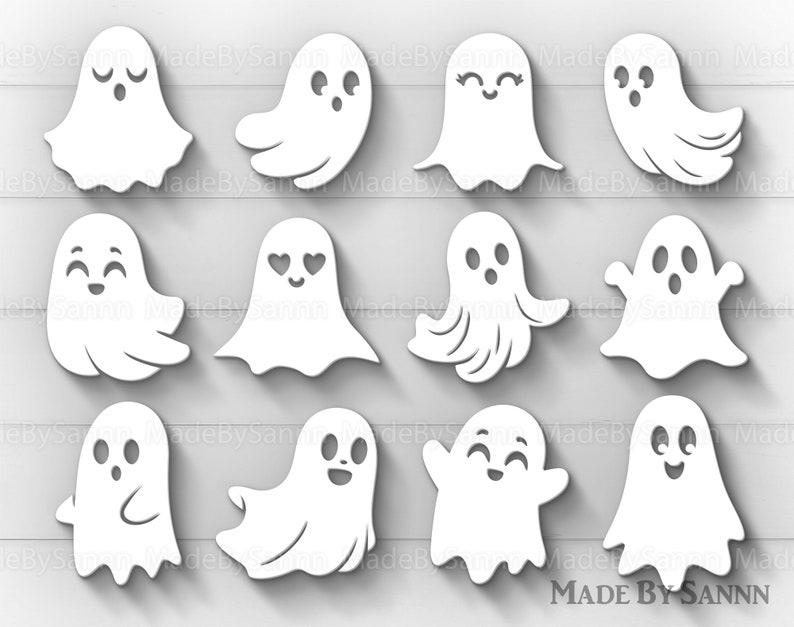 Puede incluir: Un conjunto de 12 ilustraciones de fantasmas blancos con diferentes expresiones faciales. Los fantasmas est&aacute;n todos en un estilo de dibujos animados y tienen un dise&ntilde;o simple.