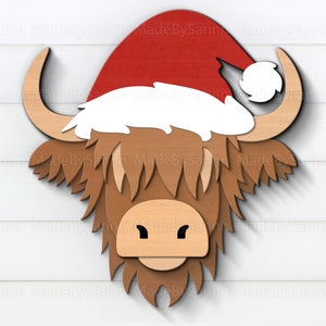 Christmas Highland Cow in Santa Hat Svg, Layered Highland Cow Svg, Glowforge SVG, Laser Cut, File For Cricut, Long Hair Cow Svg, Silhouette