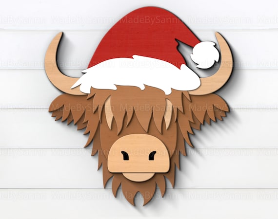 Christmas Highland Cow in Santa Hat Svg, Layered Highland Cow Svg, Glowforge SVG, Laser Cut, File For Cricut, Long Hair Cow Svg, Silhouette