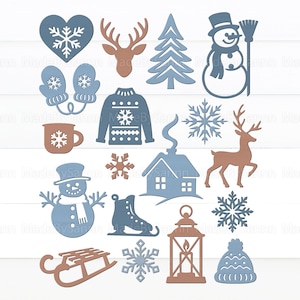 Winter Laser Shapes SVG Bundle, Snowflake Reindeer Mug Lantern Svg, Cozy Christmas Cut Files, Glowforge Holiday Decor, Wall Art SVG Set