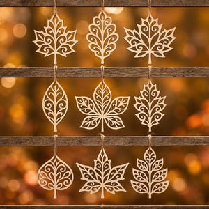 May include: A collection of nine light-colored wooden ornaments shaped like various leaves, each featuring intricate laser-cut filigree patterns. The ornaments are suspended by thin twine strings from horizontal wooden slats in a grid arrangement.