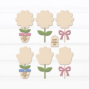 May include: Wooden flower-shaped cutouts with stems and leaves, some in pots with "Happy Mother's Day" text. Others have pink bows. The flowers have blank centers for personalization. Perfect for crafting or gifts.