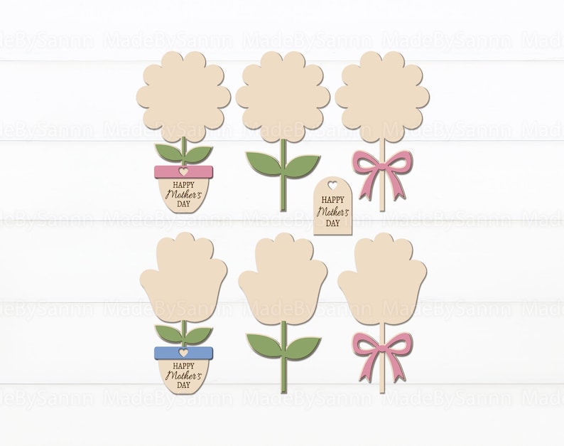 May include: Wooden flower-shaped cutouts with stems and leaves, some in pots with "Happy Mother's Day" text. Others have pink bows. The flowers have blank centers for personalization. Perfect for crafting or gifts.