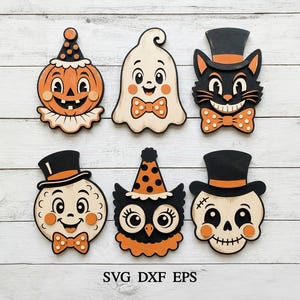 May include: Six decorative Halloween-themed cutouts featuring a pumpkin, ghost, black cat, moon, owl, and skull. Each character wears festive accessories like top hats, party hats, and bow ties in orange, black, and cream. Text reads SVG DXF EPS.