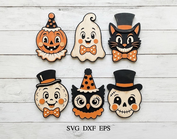 Cute Vintage Halloween Ornament SVG Bundle, Vintage Halloween Laser Cut Decor, Ghost, Pumpkin, Witch Owl, Cat, Skull, Glowforge Xtool Cnc