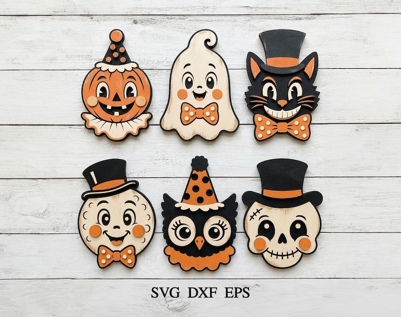 May include: Six decorative Halloween-themed cutouts featuring a pumpkin, ghost, black cat, moon, owl, and skull. Each character wears festive accessories like top hats, party hats, and bow ties in orange, black, and cream. Text reads SVG DXF EPS.