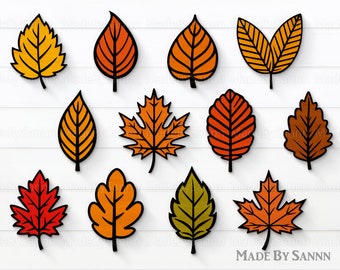 May include: A set of 12 autumn leaf illustrations in various colors, including red, orange, yellow, and brown. The leaves are outlined in black and have a simple, cartoon-like style.