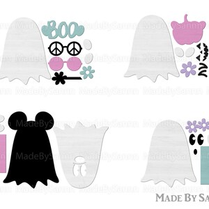 以下が含まれることがあります： さまざまなアクセサリーが付いた、印刷可能なハロウィーンの幽霊の切り抜きセット。幽霊は白で、質感のある外観です。アクセサリーには、カボチャ、花、眼鏡、平和のサイン、花、杖、目があります。