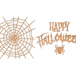 May include: A wooden cutout of a spider web and the words "Happy Halloween" with a spider underneath.
