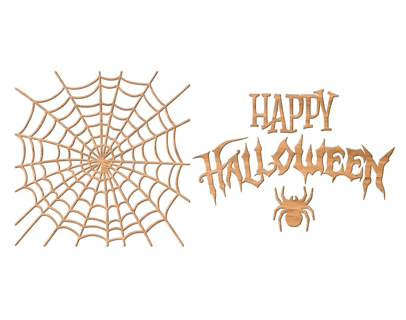 May include: A wooden cutout of a spider web and the words "Happy Halloween" with a spider underneath.