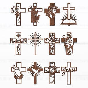 Könnte beinhalten: Eine Sammlung von Holzkreuzen mit verschiedenen religiösen Designs. Die Kreuze zeigen Bilder von Jesus, der Geburt Christi, einer Taube und anderen christlichen Symbolen. Die Kreuze sind aus Holz geschnitten und eignen sich für Wanddekorationen oder Bastelprojekte.