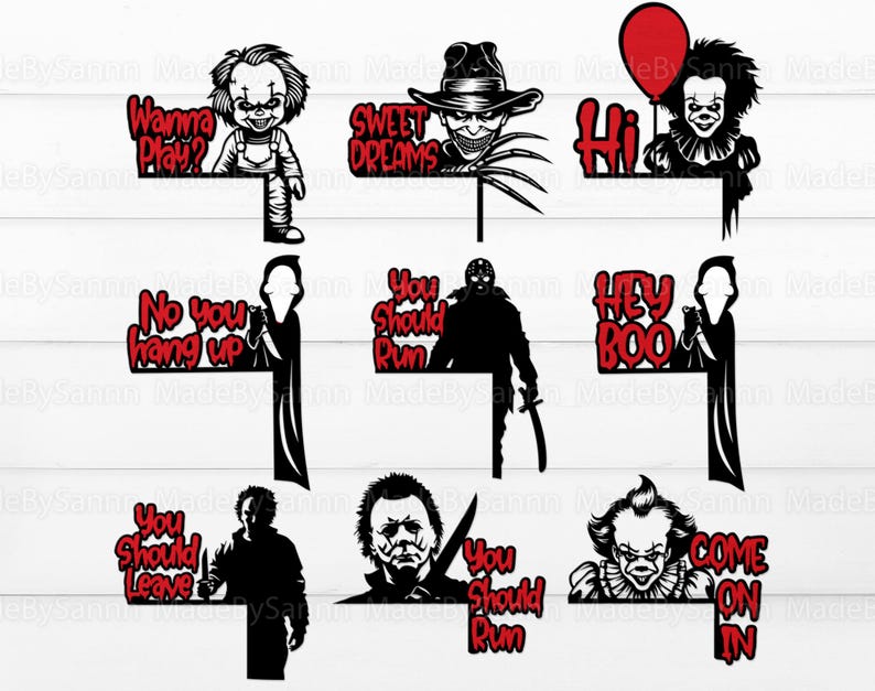 May include: A set of 10 Halloween-themed SVG cut files featuring various horror movie characters and phrases. The characters include Pennywise the clown, Michael Myers, Jason Voorhees, and Ghostface. The phrases include "Wanna Play?", "Sweet Dreams", "No You Hang Up", "You Should Run", "Hey Boo", "You Should Leave", "Come On In", and "Hi".