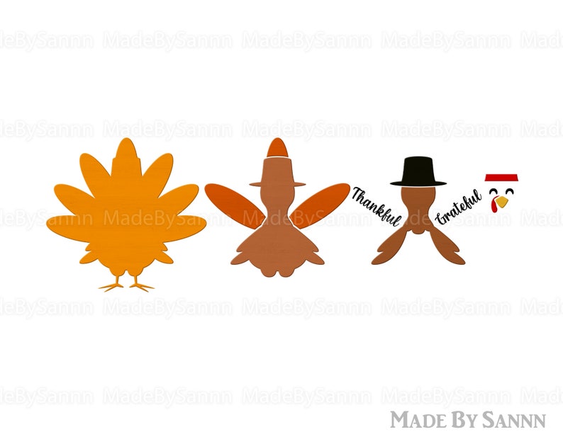 May include: A digital graphic featuring four turkey-themed icons. The first is a solid orange turkey with a fanned tail. The second is a brown turkey wearing a tall hat. The third is a brown turkey with a black hat and the text Thankful Grateful.