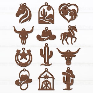 May include: A collection of brown wooden cutouts featuring Western-themed designs. The shapes include a horse head, cactus, cowboy and cowgirl in a heart, bull skull, cowboy hat, horse, horseshoe with star, cactus, bull head, cowboy hat, barn, and cactus with a hat.