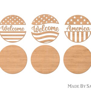 May include: Set of six wooden round coasters with three featuring a red, white, and blue American flag design with the words "Welcome" and "America" and three plain wood coasters.