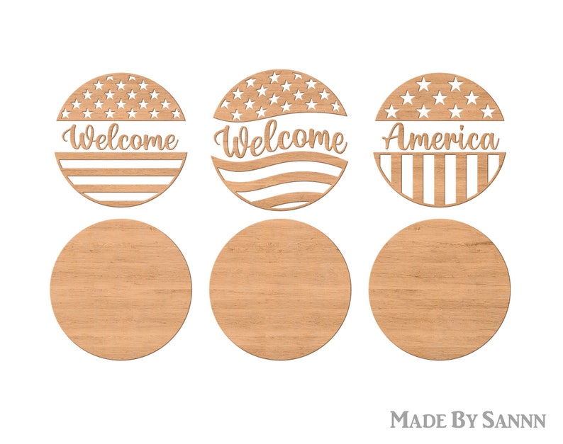 May include: Set of six wooden round coasters with three featuring a red, white, and blue American flag design with the words "Welcome" and "America" and three plain wood coasters.