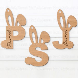 Etiqueta de letra de monograma de conejito de Pascua, signo de Pascua del alfabeto, decoración de Pascua, letras de conejito svg, alfabeto de oreja de conejo, corte láser de primavera, svg, eps, ai
