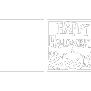 May include: A black and white printable card with a Halloween theme. The card features the text "Happy Halloween" with a jack-o-lantern in the center.