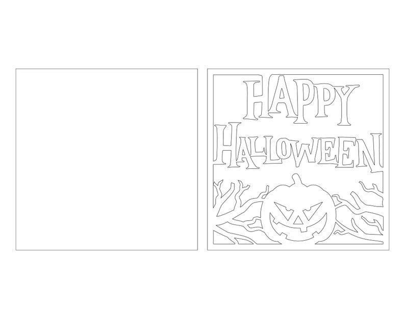 May include: A black and white printable card with a Halloween theme. The card features the text "Happy Halloween" with a jack-o-lantern in the center.