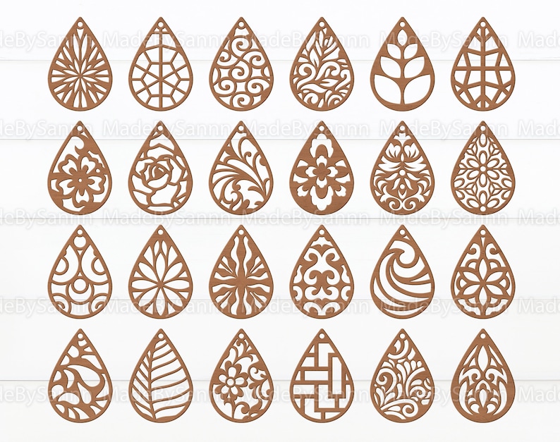 Peut inclure: Vingt-quatre designs de boucles d'oreilles en forme de larme d&eacute;coup&eacute;es au laser avec des motifs complexes. Les motifs comprennent des motifs floraux, g&eacute;om&eacute;triques et abstraits.