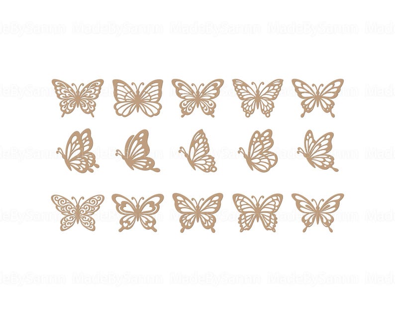 May include: A collection of fifteen intricately cut-out butterflies in various designs. The butterflies are a light brown color and are arranged in three rows of five on a white background. The wings have detailed patterns.