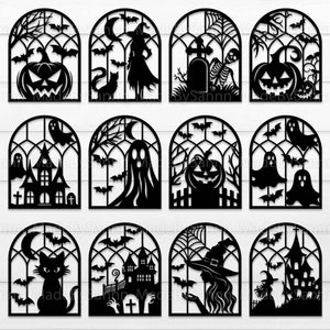 May include: Set of 12 black and white Halloween themed SVG cut files. Each design features a different spooky element, including a witch, a ghost, a pumpkin, a haunted house, and a graveyard. The designs are perfect for creating spooky decorations for your home or party.