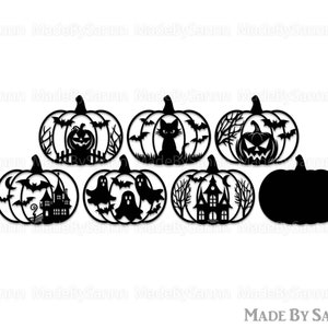 May include: Set of seven black and white Halloween pumpkin silhouette SVG cut files. The pumpkins feature various Halloween themes, including a haunted house, a cat, a ghost, and a jack-o'-lantern.