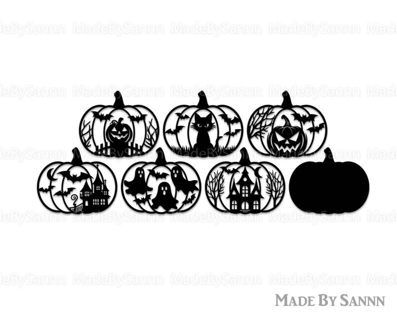 May include: Set of seven black and white Halloween pumpkin silhouette SVG cut files. The pumpkins feature various Halloween themes, including a haunted house, a cat, a ghost, and a jack-o'-lantern.