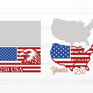 May include: Two patriotic designs featuring the American flag and a bald eagle. One design includes the text "250 USA" and the other features a map of the United States with the text "Years 250".