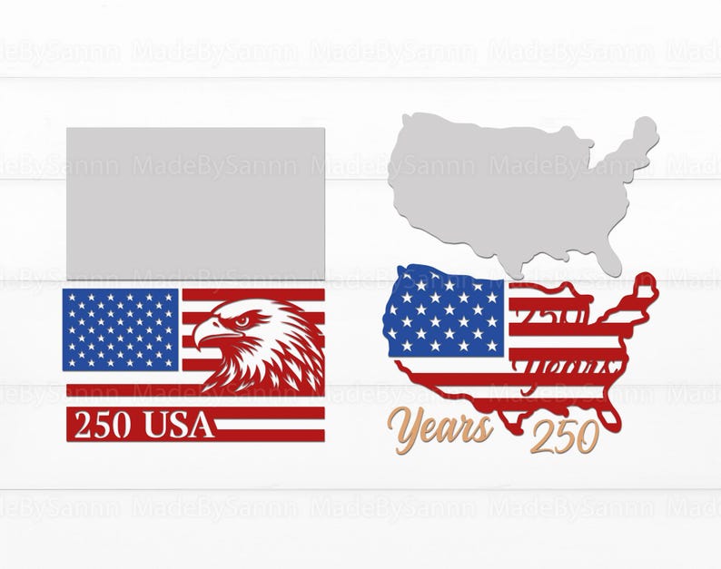 May include: Two patriotic designs featuring the American flag and a bald eagle. One design includes the text "250 USA" and the other features a map of the United States with the text "Years 250".