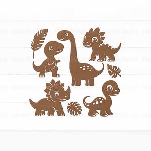 May include: Five brown dinosaur silhouettes with leaf designs. The dinosaurs are a triceratops, a stegosaurus, a brachiosaurus, a tyrannosaurus rex, and a pterosaur.