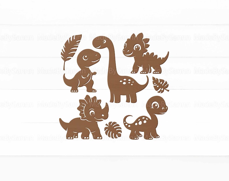 May include: Five brown dinosaur silhouettes with leaf designs. The dinosaurs are a triceratops, a stegosaurus, a brachiosaurus, a tyrannosaurus rex, and a pterosaur.