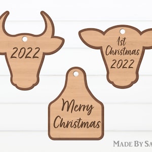Cow Tag Christmas Ornament Svg, Christmas Ornaments Svg, Farmhouse Svg, Cow Head Svg, Glowforge SVG, Holiday Laser Cut, Christmas Decor