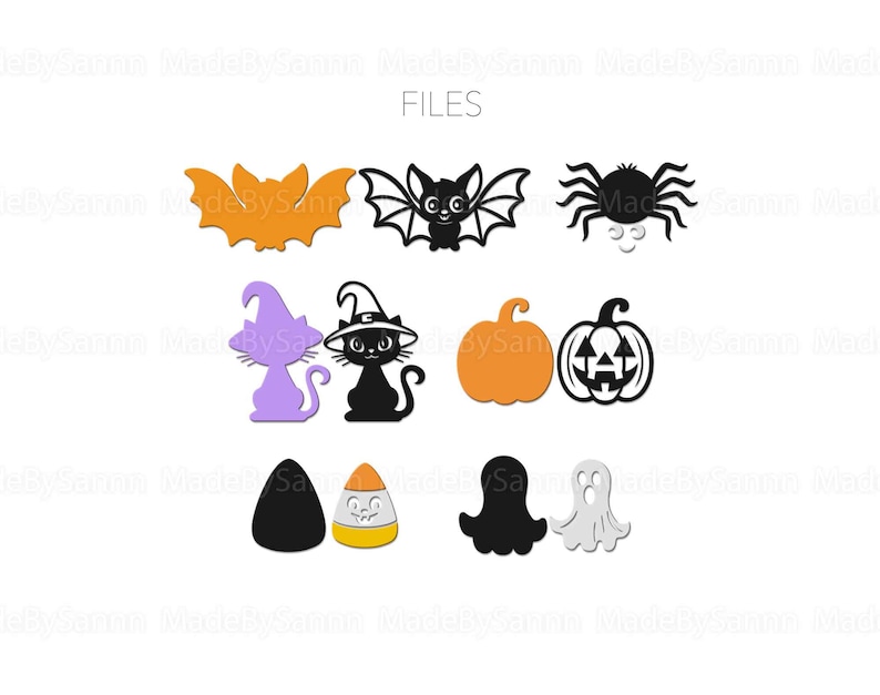 May include: A set of Halloween-themed SVG cut files. The files include a black cat, a purple cat, a bat, a spider, a pumpkin, a candy corn, a ghost, and a pumpkin with a jack-o'-lantern face.
