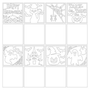 May include: A set of nine printable Halloween-themed square designs. The designs include a black cat, a spider web with a spider, a pumpkin with the text "Trick or Treat", a ghost with the text "Boo", a haunted house, a pumpkin with a witch's hat, a ghost, and two blank squares.